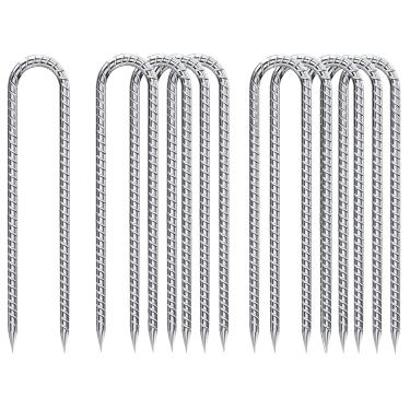 Imagem de Estacas de vergalhão - gancho em U de 30,5 cm, estacas de trampolim galvanizadas, pacote com 10 estacas de vento antiferrugem, grampos de solo resistentes para barraca de acampamento, acessórios de trampolim, cerca de cachorro
