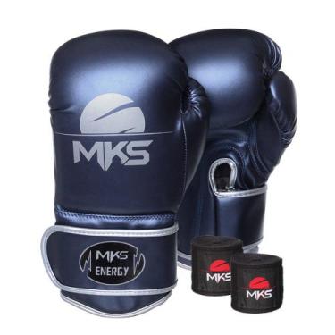 Imagem de Kit Luva de Boxe MKS Energy V2 Metalic Blue e Bandagem Preta 2,55m, 18