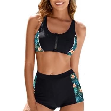 Imagem de JadeRich Conjunto de biquíni esportivo feminino de duas peças atlético com zíper frontal, costas nadadoras, short para meninos, Preto/Verde, XGG
