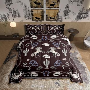 Imagem de Manfei Jogo de cama King com estampa de caubói ocidental, rústico, tribal, estrela do Texas, ferradura, vermelho, marrom, para quarto de adultos, cavalos de fazenda, retrô, cacto, edredom de plumas, 3