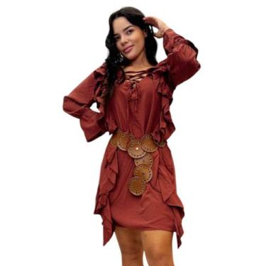 Imagem de Vestido Boho Chic curto Manga Longa com Babado - Missatti, Marrom, Úni