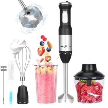 Imagem de Keylitos Liquidificador manual de imersão 5 em 1, [atualizado] Liquidificador portátil de 1000 W com copo de 800 ml, picador de 600 ml, batedor e espumador de leite para smoothie, comida de bebê,