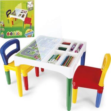 Imagem de Mesinha Didática Infantil com 2 Cadeiras Porta Materiais e Adesivos Po