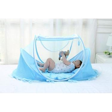 Imagem de Berço Portátil com Mosquiteiro, Tenda Dobrável para Bebê, Design de Bolinhas, Azul