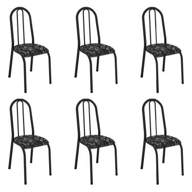 Imagem de Kit 6 Cadeiras De Cozinha Flórida Estampado Preto Florido Pés De Ferro Preto