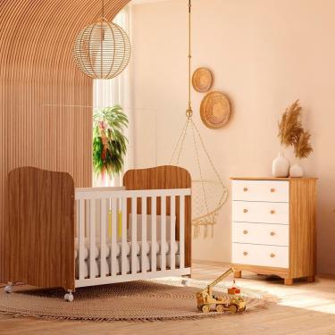 Imagem de Kit Berço Americano e Cômoda Infantil Duda Plus 4 Gavetas MDF 65.1cm Branco e Amêndoa Móveis Peroba