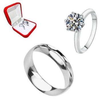 Imagem de Aliança Namoro Prata 6mm Lisa + Anel Prata Solitario 2mm Tungstenio - 