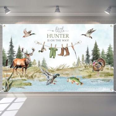Imagem de Joliaco Faixa de chá de bebê para caça de pato, roupas de caçador de pato selvagem, pano de fundo para fotografia de chá de bebê, um pequeno caçador está a caminho, decorações de festa, adereços de