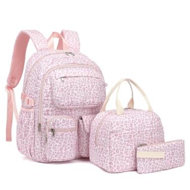 Imagem de Conjunto de mochila escolar para meninas com lancheira e estojo, 3 peças, mochila escolar leve para crianças, Leopardo rosa, Mochila escolar 3 em 1