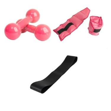 Imagem de Par de Halteres 1 Kg Rosa + Par de Tornozeleiras 1 Kg Rosa + Elástico para Treino e Alongamento Preto