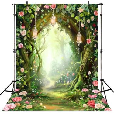 Imagem de Riyidecor Enchanted Fairy Backdrop Tecido Poliéster Fantasia Primavera País das Maravilhas Flor Vegetação Floresta Conto 6Lx8H Pés Rosa Natureza Árvore Fotografia Fundo Aniversário Chá de Bebê Foto