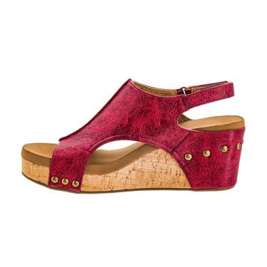 Imagem de Corkys Footwear Carley Wedges feminino, com palmilhas acolchoadas de espuma EVA Corkys, salto de 6 cm, leve para uso o dia todo e fecho de velcro, Vermelho envelhecido, 37