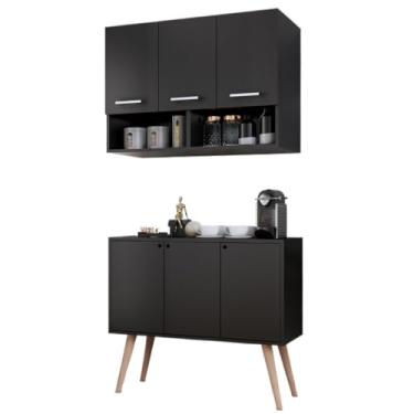 Imagem de Kit Cozinha Armário 3 Portas Balcão Multiuso Pés Madeira Organizador Móveis(PRETO)