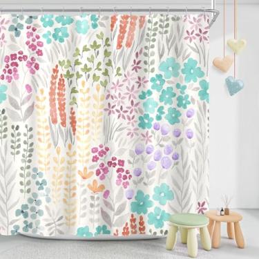 Imagem de MAYZUS Cortina de chuveiro extralonga 182 x 236 cm, do chão ao teto X-Longa Linda Cortina de Chuveiro Floral para Banheiro, Azul Petróleo Flores Selvagens Boho Cottagecore Conjunto de Cortina de