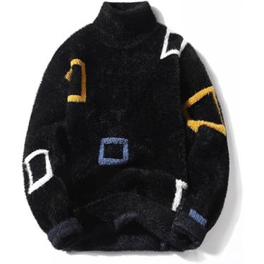 Imagem de Suéter De Gola Alta Para Homens - Suéter Quente Para Homens Suéter De Pelúcia Manga Longa Pulôveres Suéter De Malha Fleece Peludo Casual Padrão De Chevron Colorido, Black, M