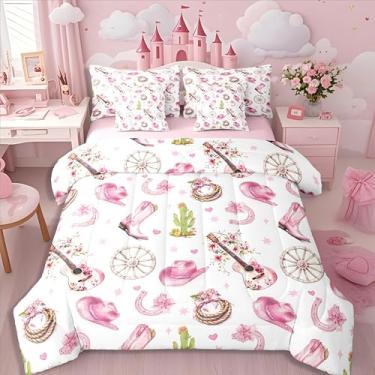 Imagem de Erosebridal Conjunto de edredom solteiro fofo rosa e branco vaqueira ocidental com lençol de cacto e laço de guitarra para meninas adolescentes, vintage, chapéu ocidental, bota de flores silvestres