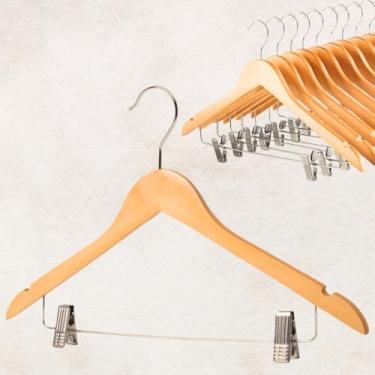 Imagem de Kit Cabide de Madeira com Presilhas Metal Gancho Giratório 360° Verniz 44cm, Acabamento Envernizado Natural para Roupas, Blazer, Calça, Camisa e Vestido, 20 unidades