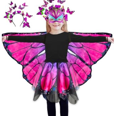 Imagem de Fantasia dupla face de asas de borboleta de fada para meninas com saia tutu, 4 peças de roupas para presentes para festa de Halloween de 3 a 8 anos, Rosa elegante, 60cm*120cm