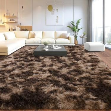 Imagem de Tapete de pelúcia extragrande de pelo alto para sala de estar, grande tapete felpudo antiderrapante, tapetes macios e macios para quarto, decoração de casa moderna, tie dye, café, 2,7 x 3,7 m