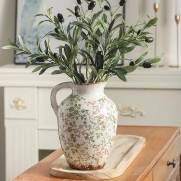 Imagem de Enra Vaso vintage, vaso floral de cerâmica chinoiserie, vaso de flores decorativo verde e bege, vasos grandes rústicos para decoração de casa, sala de estar, estante de livros, escritório, 24,6 cm