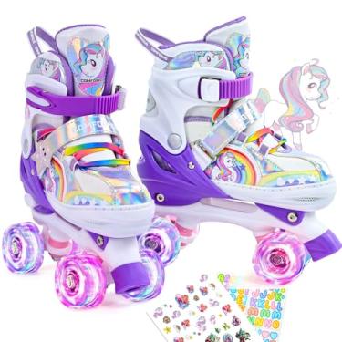 Imagem de Comforhous Patins Rainbow Kids para meninas e meninos, 4 tamanhos, sapatos de patins ajustáveis para meninas com rodas luminosas, presente de aniversário para iniciantes ao ar livre, esportes internos