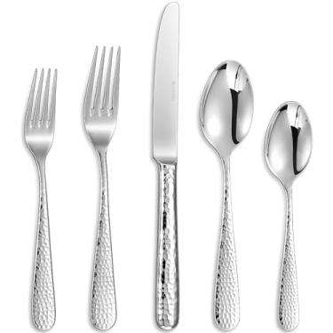 Imagem de KEAWELL Conjunto de talheres martelados Louise premium 20/45/65 peças com borda redonda, aço inoxidável 18/10, serviço para 4/8/12, conjunto de talheres finos, pode ser lavado na lava-louças (20)