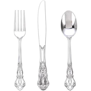 Imagem de Conjunto de talheres de plástico prateado Joyido 90PCS para restauraçã