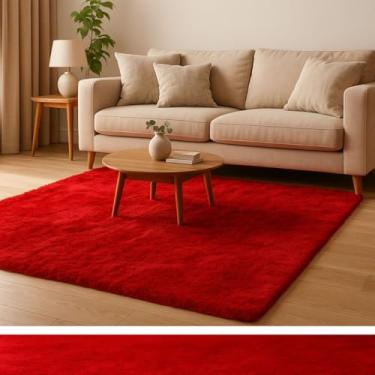 Imagem de Tapete Felpudo Sala Quarto Grande Pelo Alto 2,00x1,40 Antiderrapante Peludo Peludinho Macio Hotel Vermelho