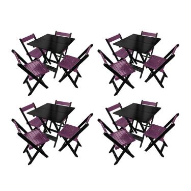 Imagem de Kit 4 Mesas De Madeira Dobrável Preto 70x70 Com 4 Cadeiras Dobráveis Roxo