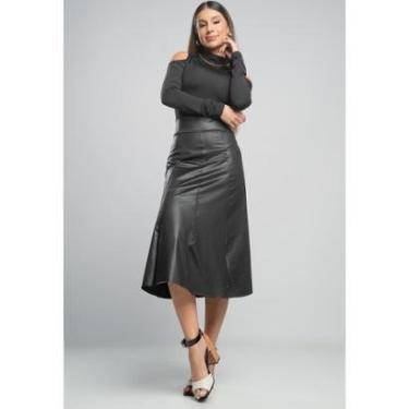 Imagem de Saia Midi Feminina Cintura Alta Godê Rodada Cirrê Couro Fake MVB Modas-Feminino