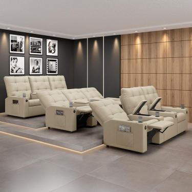 Imagem de Poltrona Reclinável Para Cinema Parma 3 Lugares Baú Usb Pu Fh1 - D'rossi Cor Bege