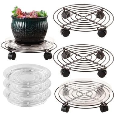 Imagem de 3 pacotes de suporte grande de metal para plantas com rodas 33 cm suportes para plantas de rolamento de ferro forjado resistentes com rodízios, base de rolo para plantas internas e externas, pires