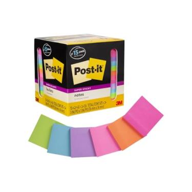 Imagem de Notas adesivas Post-it Super Sticky 654-15SSCP, 7,6 x 7,6 cm, cores variadas, 45 folhas/bloco