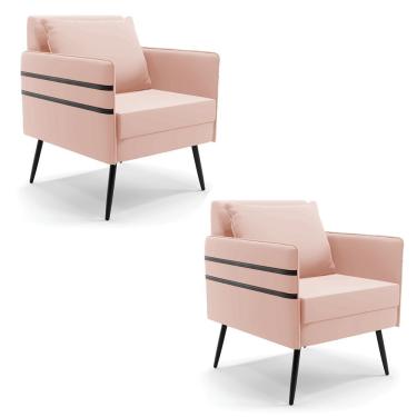 Imagem de Kit 02 Poltronas Mari Veludo Rosê Pés Palito De Ferro Preto