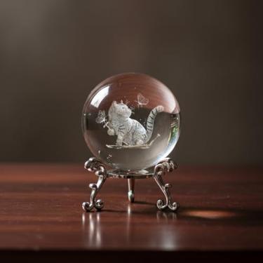 Imagem de Decoração de bola de cristal 3D com suporte - Ornamento de mesa de cristal de vidro 3D gravado a laser com vários padrões para escritório em casa, quarto