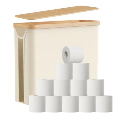 Imagem de JOLLYIN Cesta de armazenamento de papel higiênico com tampa de bambu, suporte de papel higiênico com armazenamento, organizadores de armazenamento de banheiro independentes com fundo antiderrapante