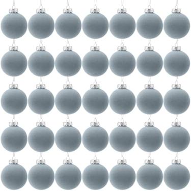 Imagem de Hollowfly 48 bolas de veludo de Natal a granel 8 cm enfeites de bola flocada de plástico para decoração de árvore de Natal para festas de fim de ano, decoração de árvore de Natal (azul claro)