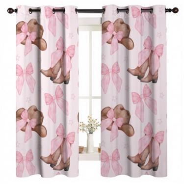 Imagem de Cortinas blackout/cortinas para quarto de meninos e meninas, botas Coquette Cowgirl chapéu laço rosa padrão sem costura feminino isolamento térmico ilhós cortinas escurecimento privacidade sala de