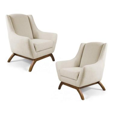 Imagem de Kit 02 Poltronas Decorativas Juliet Base De Madeira C-107 Linho Bege - Domi