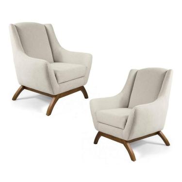 Imagem de Kit 02 Poltronas Decorativas Juliet Base De Madeira B-370 Linho Bege Cru - Domi