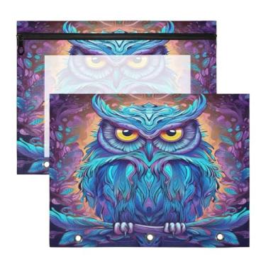 Imagem de ATTX Pacote com 2 bolsas de fichário de coruja neon – Bolsa impermeável com zíper de 3 anéis com janela transparente, acessórios de material de escritório para estojos de lápis e organizador de