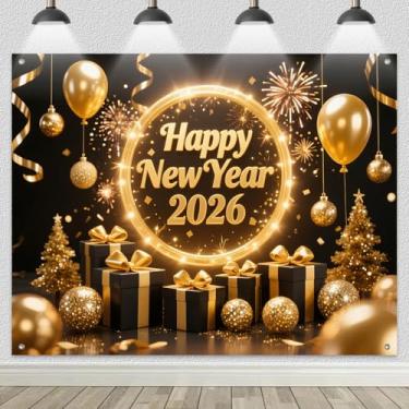 Imagem de HOMETITUTE 2026 Pano de fundo de feliz ano novo 2,4 x 1,8 m caixa de presente balão dourado fundo preto e dourado para decoração de festa de ano novo, celebração, contagem regressiva, evento, palco