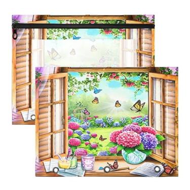 Imagem de SEHANY Pasta de lápis de flores de jardim com 3 anéis - bolsa de documentos com zíper tamanho A4 com janela transparente para sala de aula, escritório, 2 peças