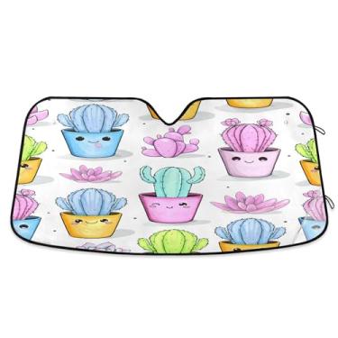Imagem de SEHANY Pára-brisa de carro cacto planta verde para-sol dobrável janela frontal protetor de viseira solar para carro, SUV, caminhão - Mantenha o veículo fresco, 133 x 23,5 polegadas