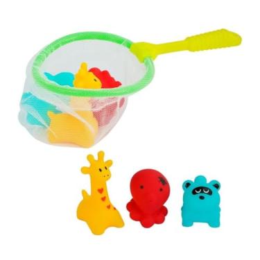 Imagem de Kit de Brinquedos de Banho com Rede de Pesca 4 Peças em Vinil Animais Coloridos para Bebês Girafa Polvo e Urso