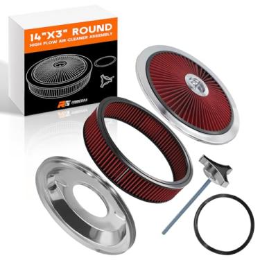 Imagem de Conjunto de filtro de ar redondo de alto fluxo de 35,5 x 7,6 cm, filtro cromado com tampa de fluxo para pescoço de carburador de 14 cm, compatível com Chevy, GMC, Ford, Chrysler, Dodge V8