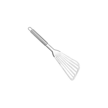 Imagem de Espátula para Fritura em Chapa, Aço Inox Vazada, 21,5 cm, Prata, com Alça Embutida para Pendurar