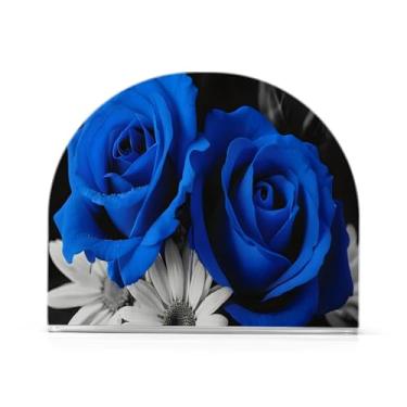 Imagem de JUZIHAI Porta-guardanapos de flores de rosas azuis para mesa dispensador de guardanapos de acrílico para mesa suporte de lenços independente para cozinha sala de jantar bar festa decoração de casa