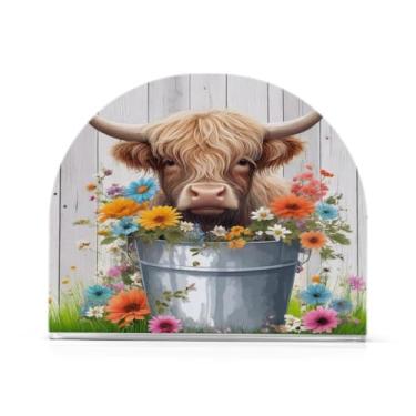 Imagem de JUZIHAI Bonito Happy Highland Cow com flores porta-guardanapos para mesa dispensador de guardanapo em pé acrílico suporte de lenço independente para cozinha sala de jantar bar festa decoração de casa