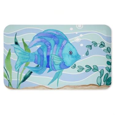 Imagem de Tapete de piso antifadiga subaquático Fun Blue Fish, ergonômico acolchoado para cozinha e tapete de pé com suporte antiderrapante, tapete confortável ecológico, design por Audrey Jeanne Roberts, 76 x